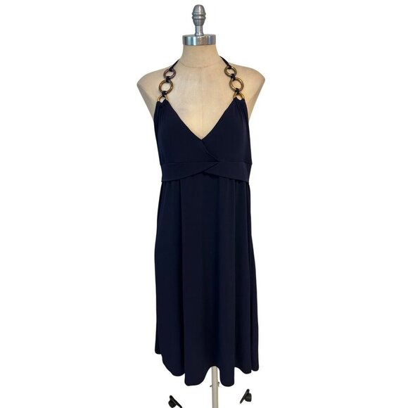 Boston Proper Navy Halter Dress Size 12 Gold Ring Accent Sleeveless - Picture 1 of 5